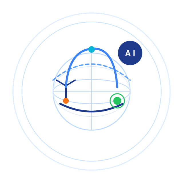 Illustration of a great-circle propagation path over the globe, fed into the app's AI advisor